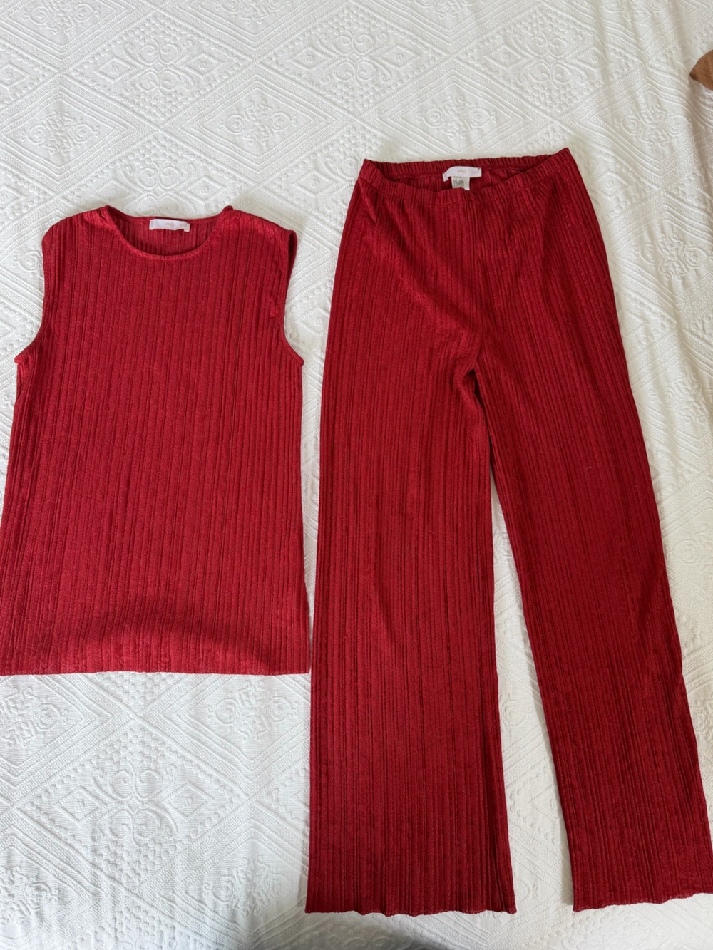 Mango Ribbed Knit Two-Piece Set Red | Sleeveless Top & Wide Leg Pants S
